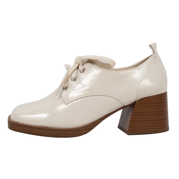 Size 7 Bone Square Top Lace Up Oxford Stacked Block Heel Loafer Shoes - Picture 4 of 6